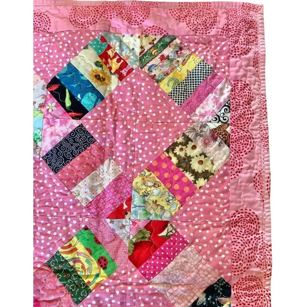 Handmade Patchwork Quilt Pink Polka Dot Design Multicolor Patterns 41.5"X 35.25" - Picture 7 of 9